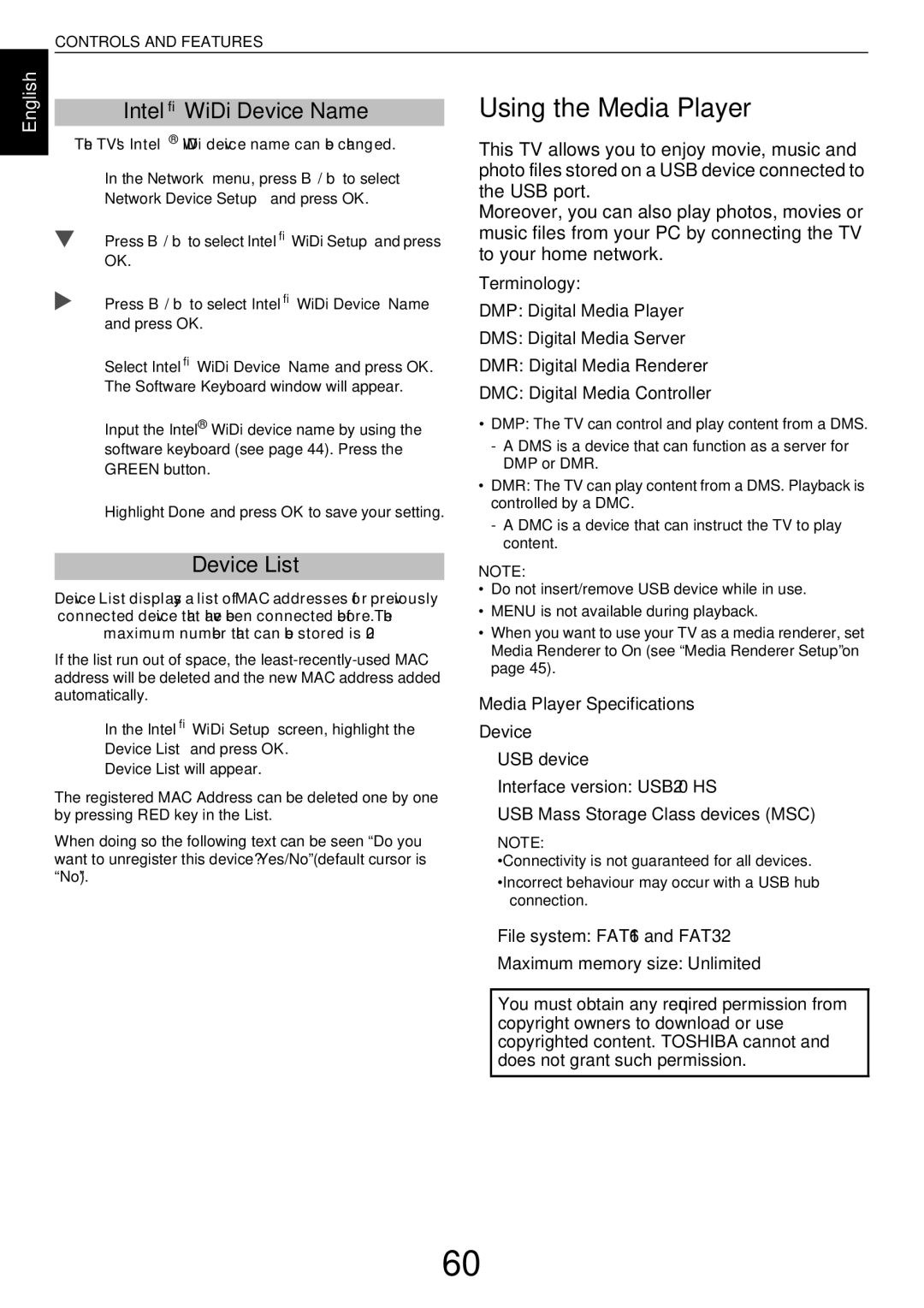 Toshiba L43, W43 user manual Using the Media Player, Intel WiDi Device Name, Device List, Media Player Specifications 