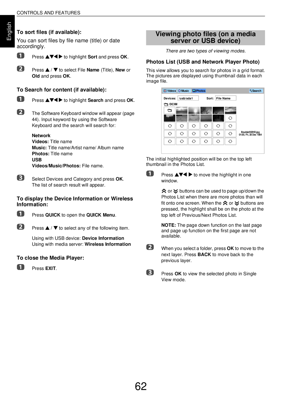 Toshiba L43, W43 user manual Viewing photo files on a media Server or USB device, To sort files if available 