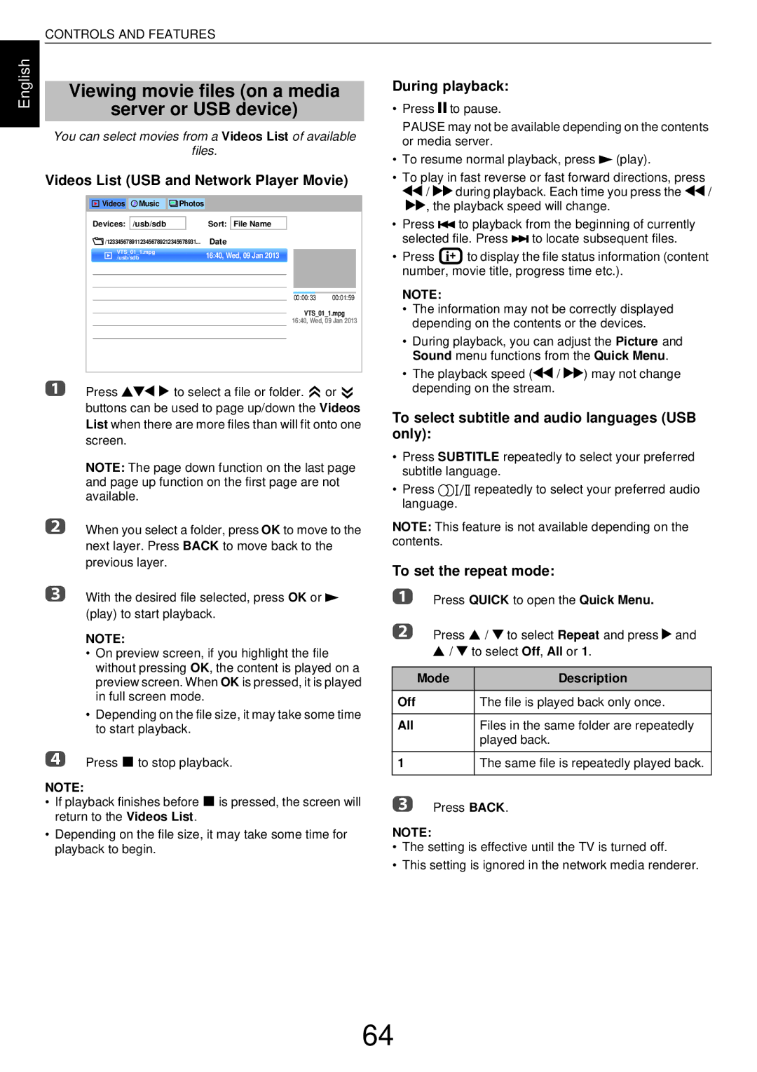 Toshiba L43 Viewing movie files on a media Server or USB device, Videos List USB and Network Player Movie, During playback 