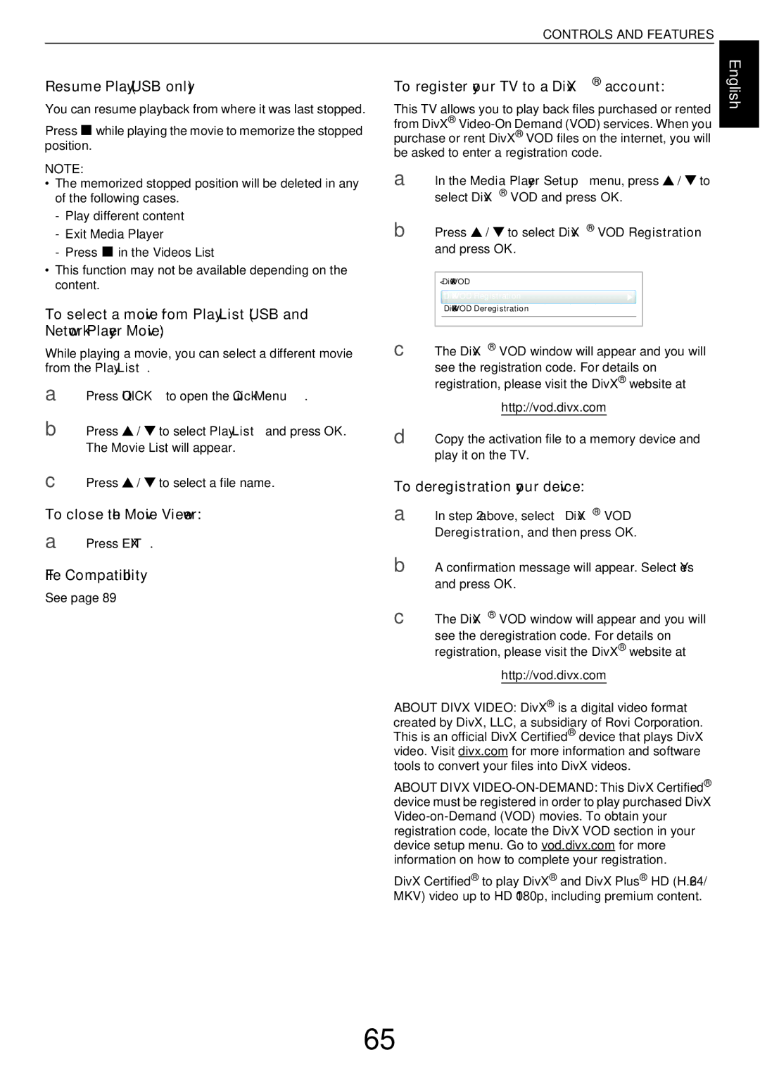 Toshiba W43, L43 user manual Resume Play USB only, To close the Movie Viewer, To register your TV to a DivX account 