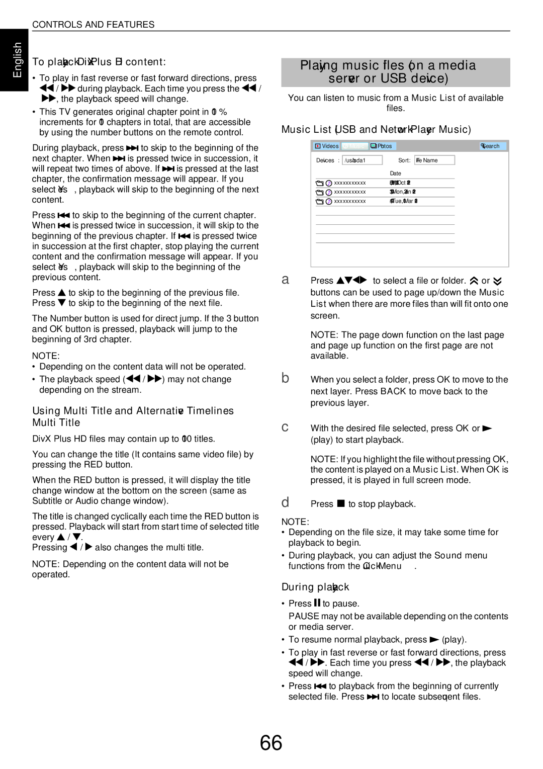 Toshiba L43, W43 user manual Playing music files on a media Server or USB device, To playback DivX Plus HD content, Music 