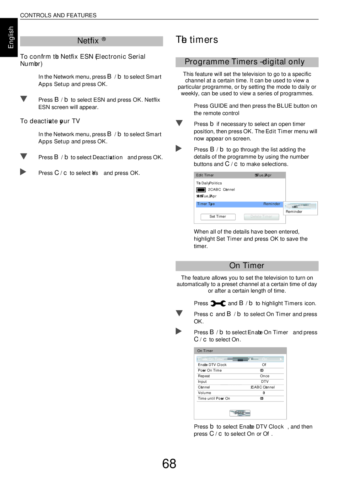 Toshiba L43, W43 user manual Netflix, Programme Timers digital only, On Timer 