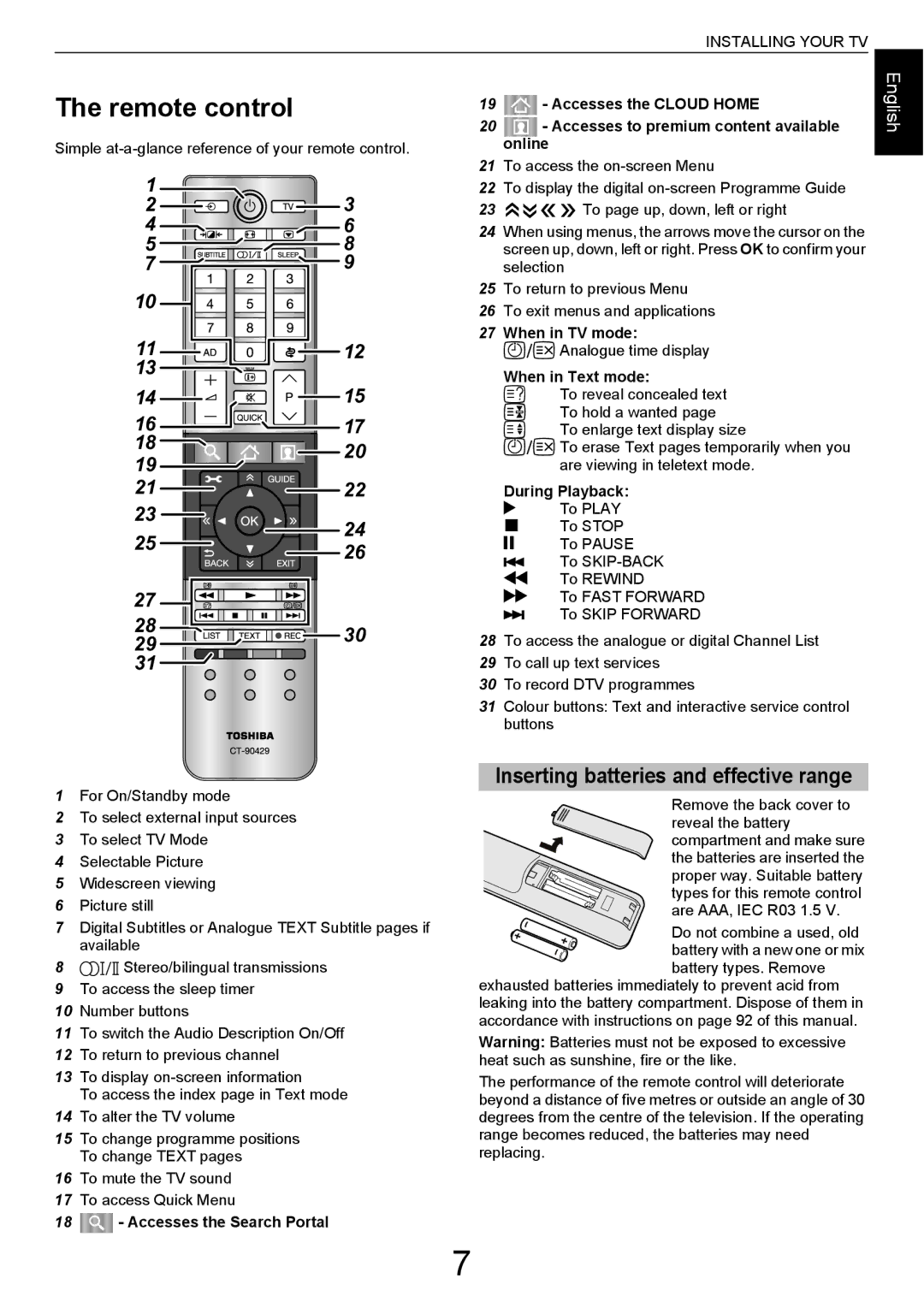 Toshiba W43, L43 user manual Remote control, Inserting batteries and effective range 