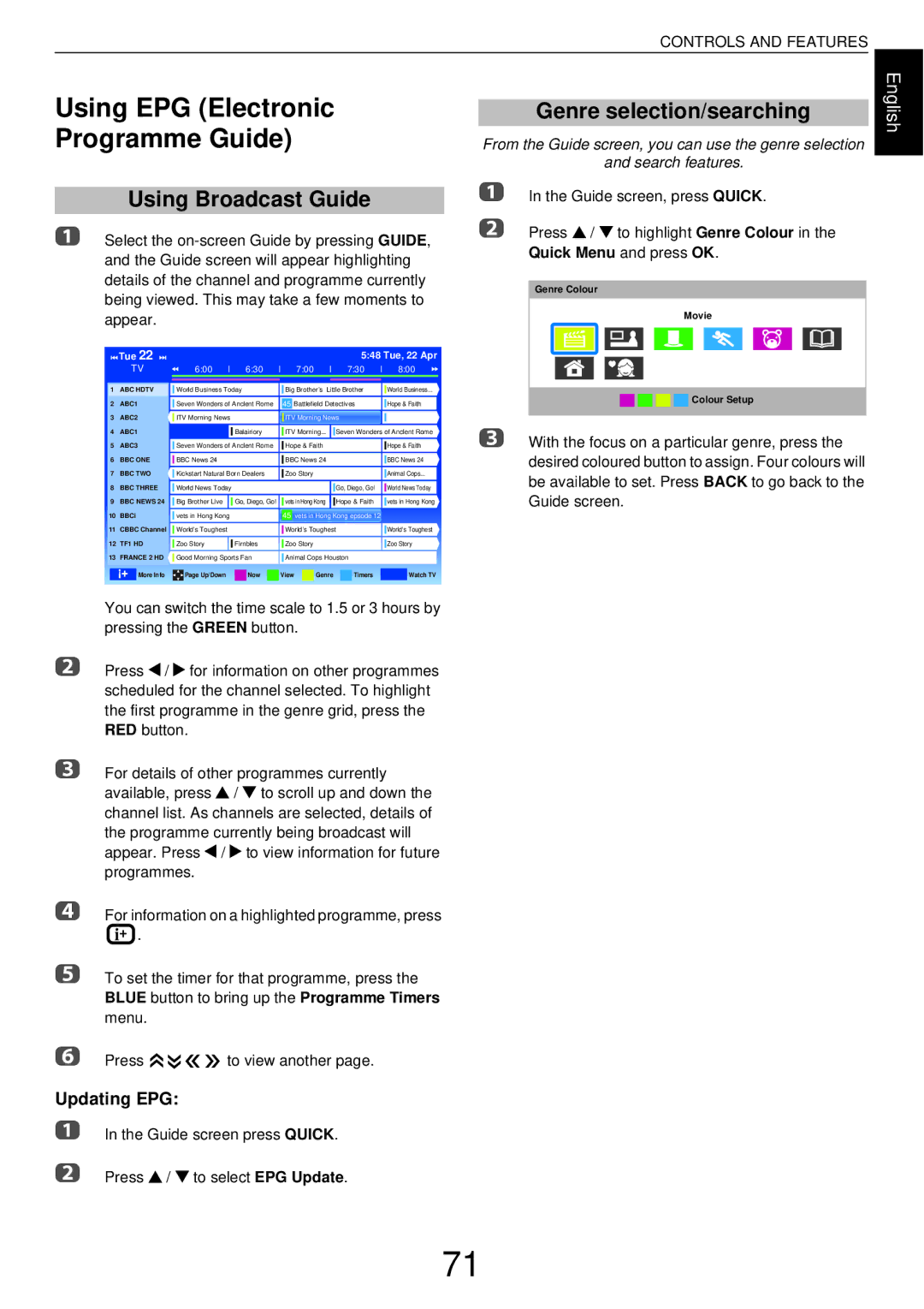 Toshiba W43, L43 Using EPG Electronic Programme Guide, Using Broadcast Guide, Genre selection/searching, Updating EPG 