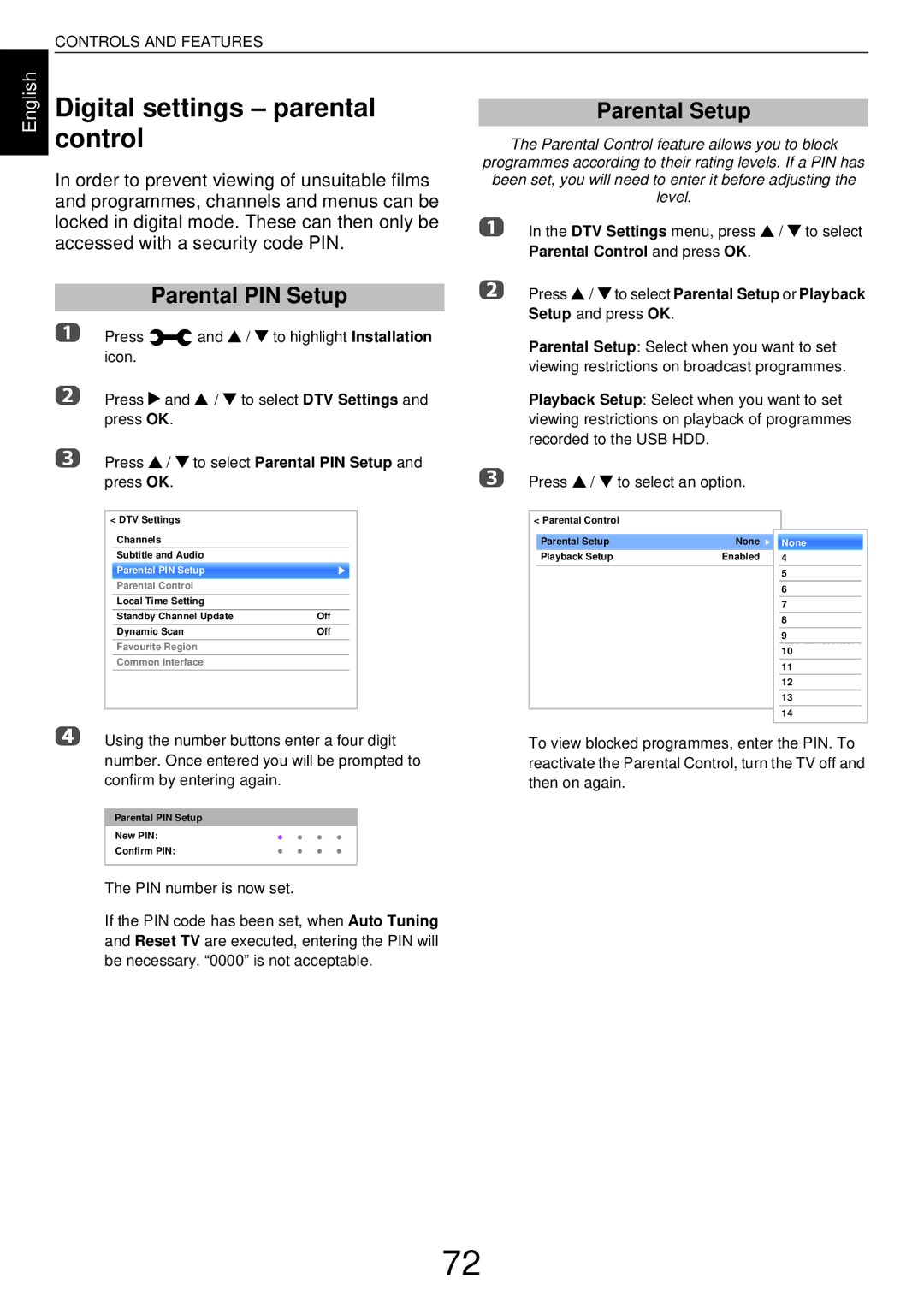 Toshiba L43, W43 user manual Digital settings parental control, Parental PIN Setup, Parental Setup 