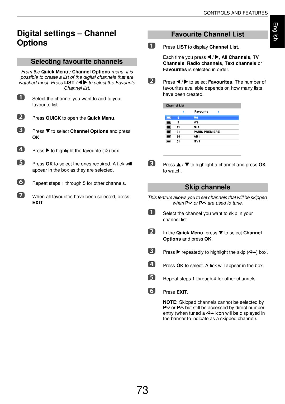 Toshiba W43, L43 Digital settings Channel Options, Selecting favourite channels, Favourite Channel List, Skip channels 