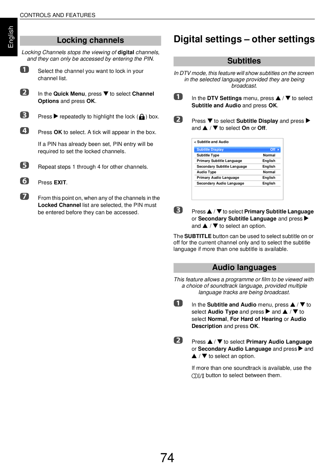 Toshiba L43 Digital settings other settings, Locking channels, Subtitles, Audio languages, Subtitle and Audio and press OK 