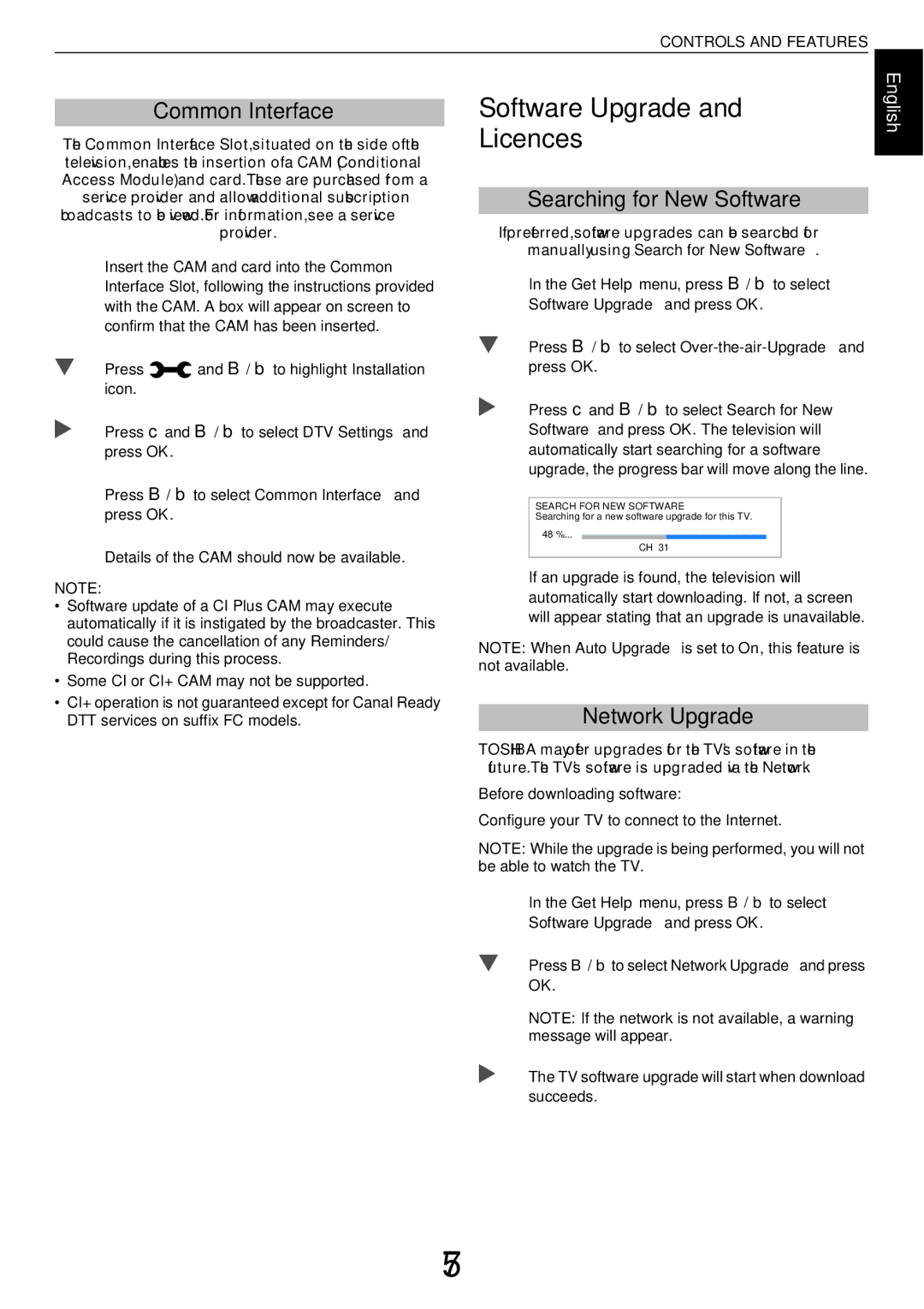 Toshiba W43, L43 user manual Software Upgrade Licences, Common Interface, Searching for New Software, Network Upgrade 