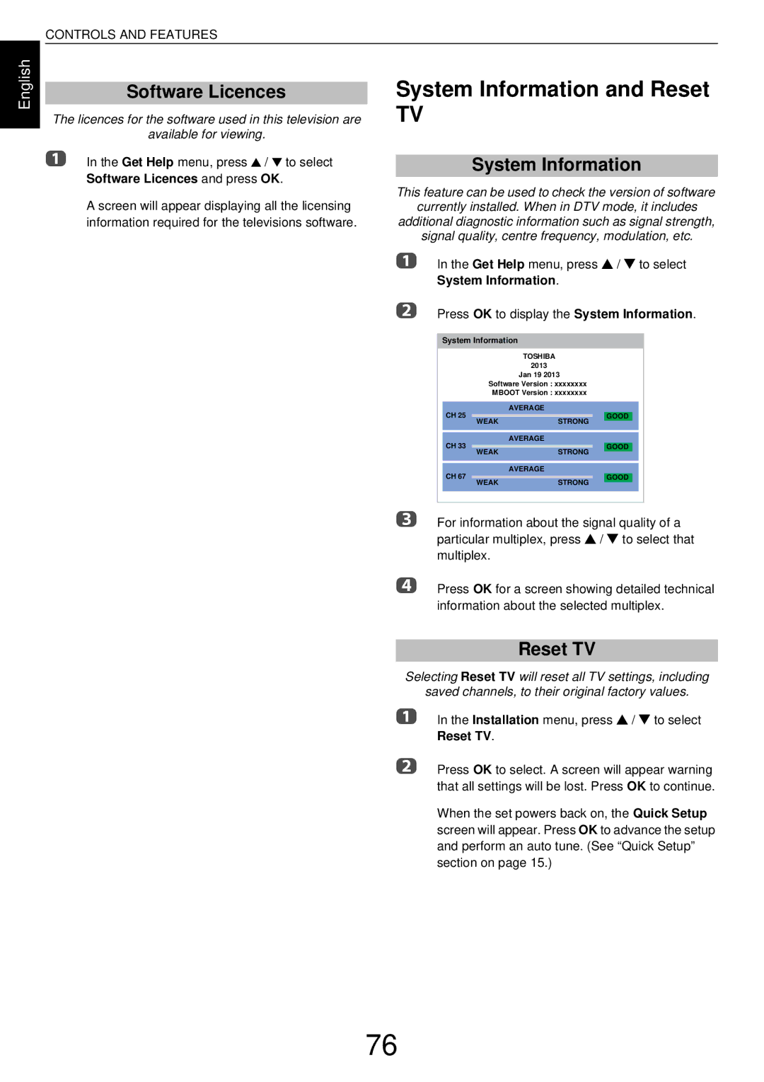 Toshiba L43, W43 user manual System Information and Reset, Software Licences, Reset TV 