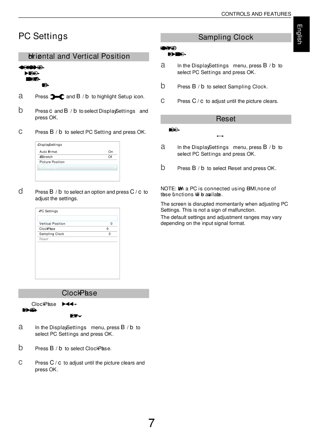 Toshiba W43, L43 user manual PC Settings, Horizontal and Vertical Position, Sampling Clock, Clock Phase 