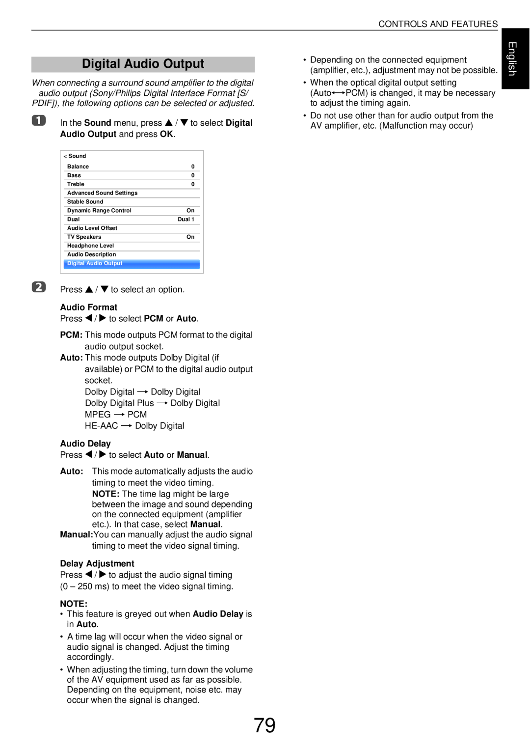 Toshiba W43, L43 user manual Digital Audio Output, Audio Format, Audio Delay, Delay Adjustment 