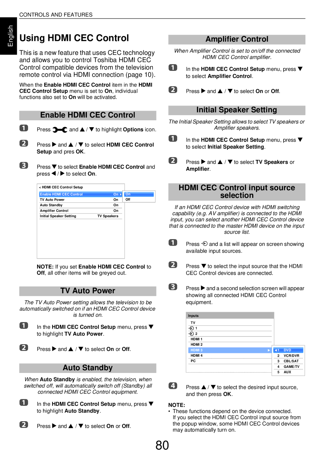 Toshiba L43, W43 user manual Using Hdmi CEC Control 