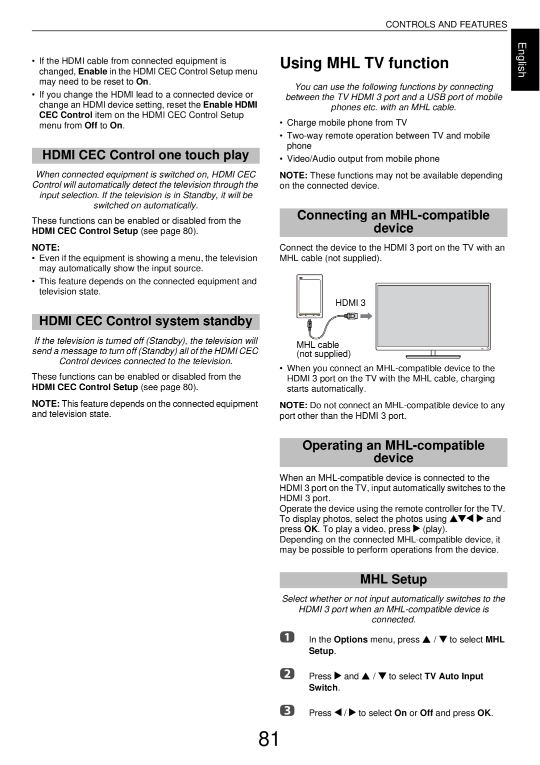 Toshiba W43, L43 user manual Using MHL TV function 