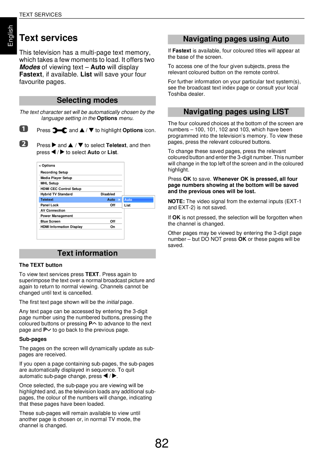 Toshiba L43 Text services, Selecting modes, Navigating pages using Auto, Navigating pages using List, Text information 