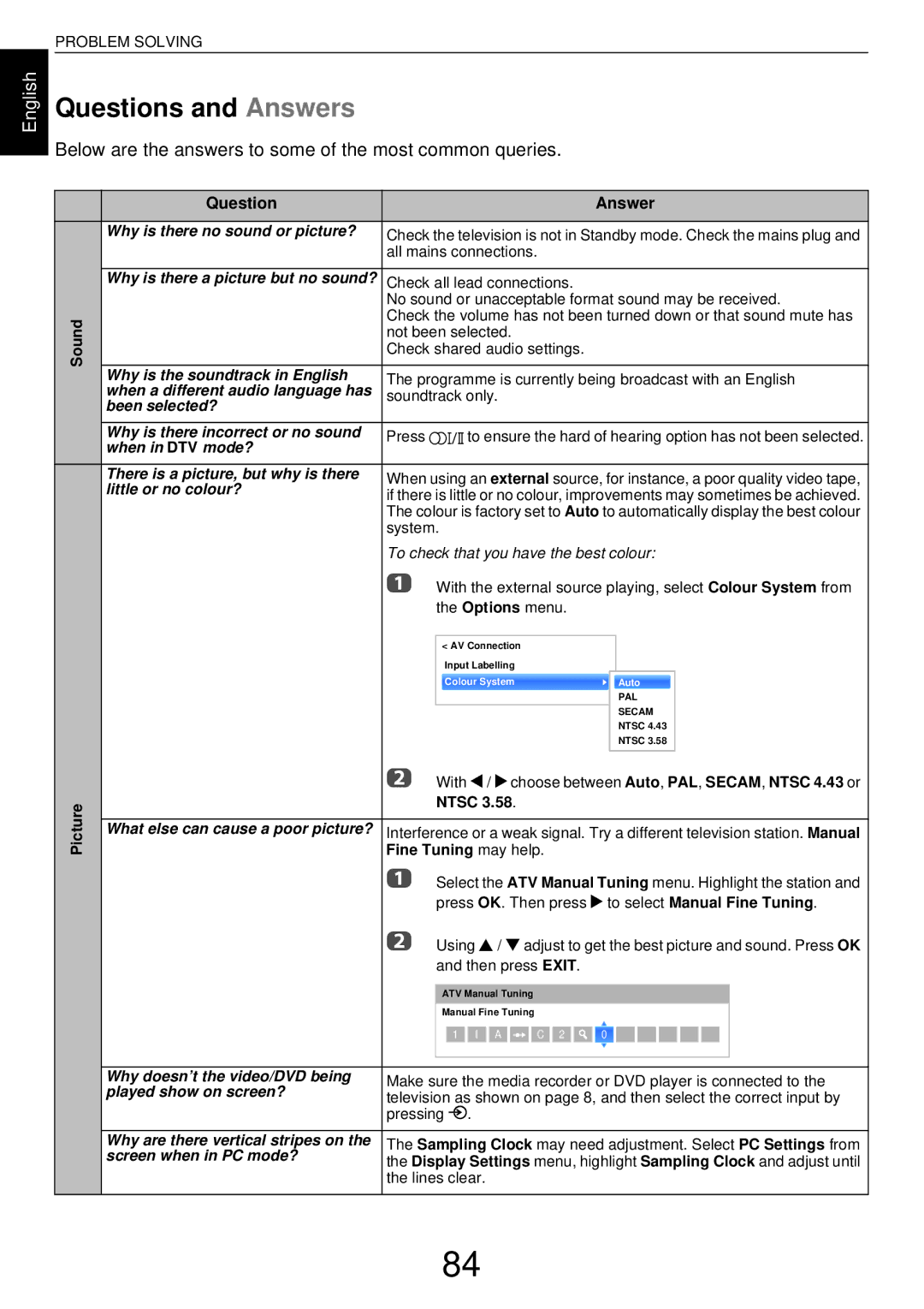 Toshiba L43, W43 user manual Questions and Answers, Picture Ntsc, Fine Tuning may help 