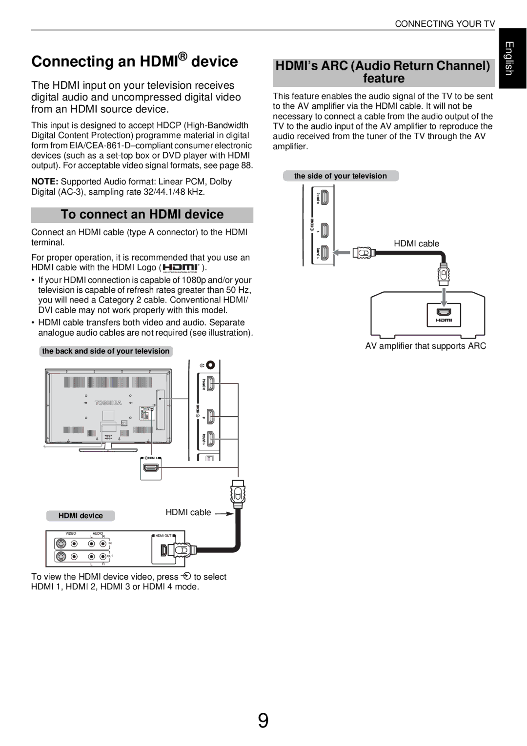 Toshiba W43, L43 user manual Connecting an Hdmi device, To connect an Hdmi device, HDMI’s ARC Audio Return Channel Feature 