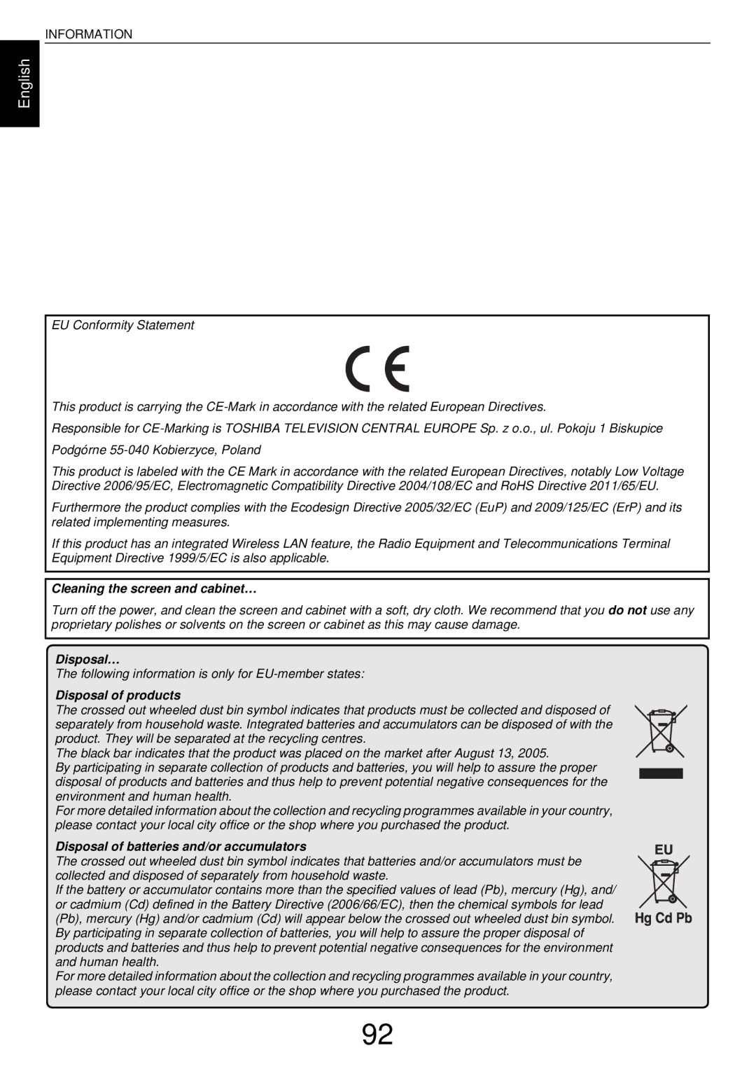 Toshiba L43, W43 user manual Disposal… 