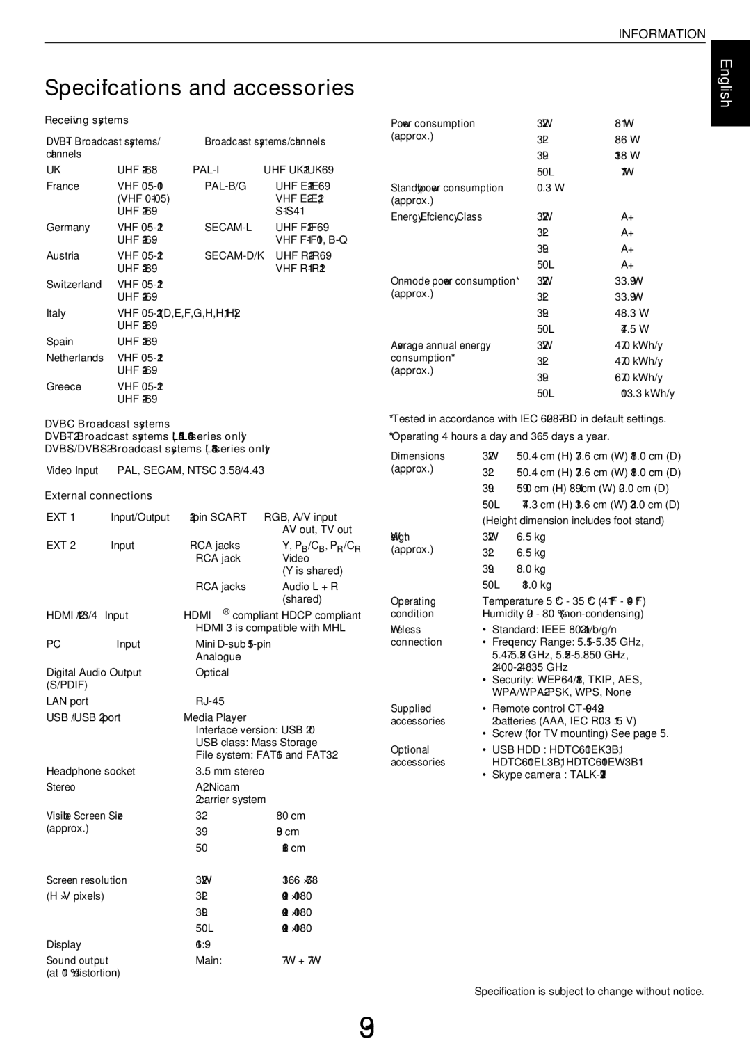 Toshiba W43, L43 user manual Specifications and accessories, Secam-D/K 