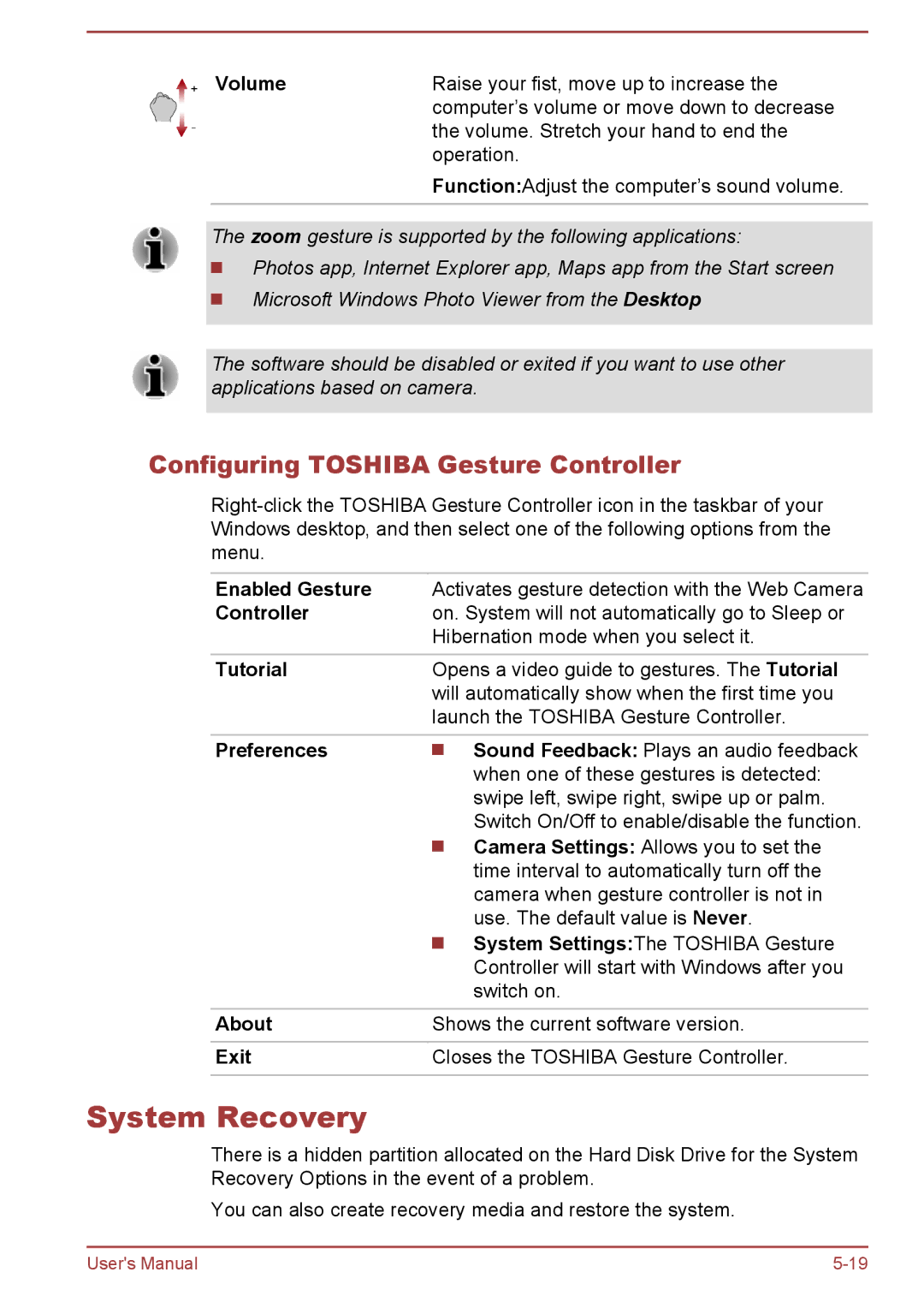 Toshiba L50D-B, L50-B, L50t-B, L50Dt-B manual System Recovery, Configuring Toshiba Gesture Controller 