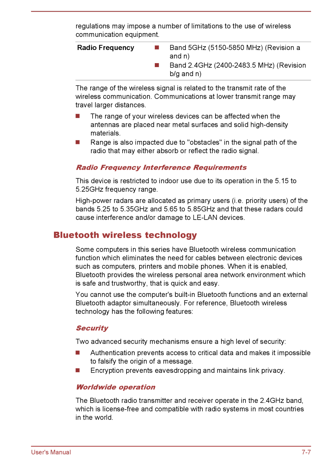 Toshiba L50t-B, L50-B Bluetooth wireless technology, Radio Frequency Interference Requirements, Worldwide operation 