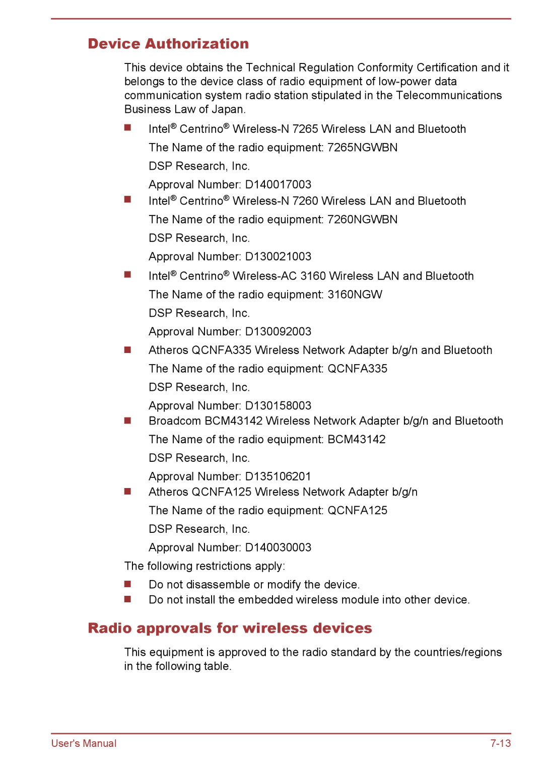 Toshiba L50D-B, L50-B, L50t-B, L50Dt-B manual Device Authorization, Radio approvals for wireless devices 