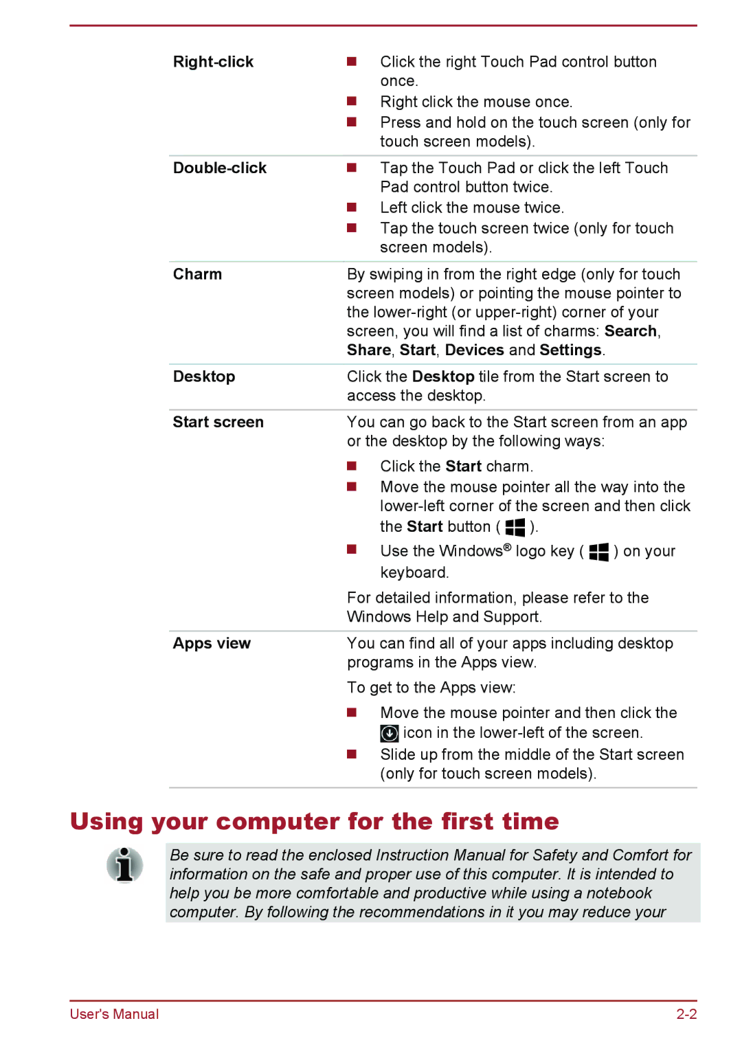 Toshiba L50-B, L50t-B, L50Dt-B, L50D-B manual Using your computer for the first time 