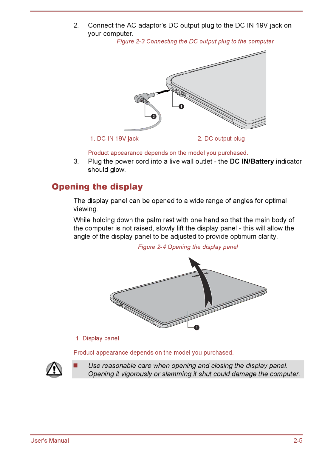 Toshiba L50D-B, L50-B, L50t-B, L50Dt-B manual Opening the display, Connecting the DC output plug to the computer 