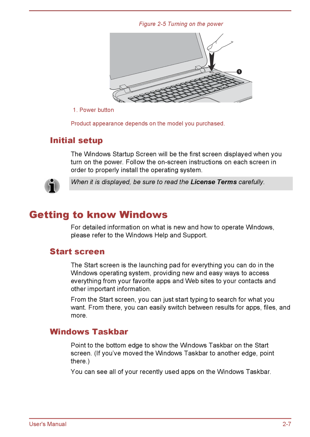 Toshiba L50t-B, L50-B, L50Dt-B, L50D-B manual Getting to know Windows, Initial setup, Start screen, Windows Taskbar 