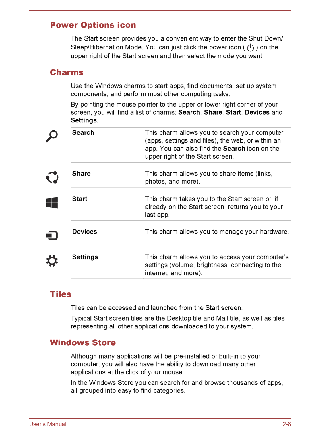 Toshiba L50Dt-B, L50-B, L50t-B, L50D-B manual Power Options icon, Charms, Tiles, Windows Store 