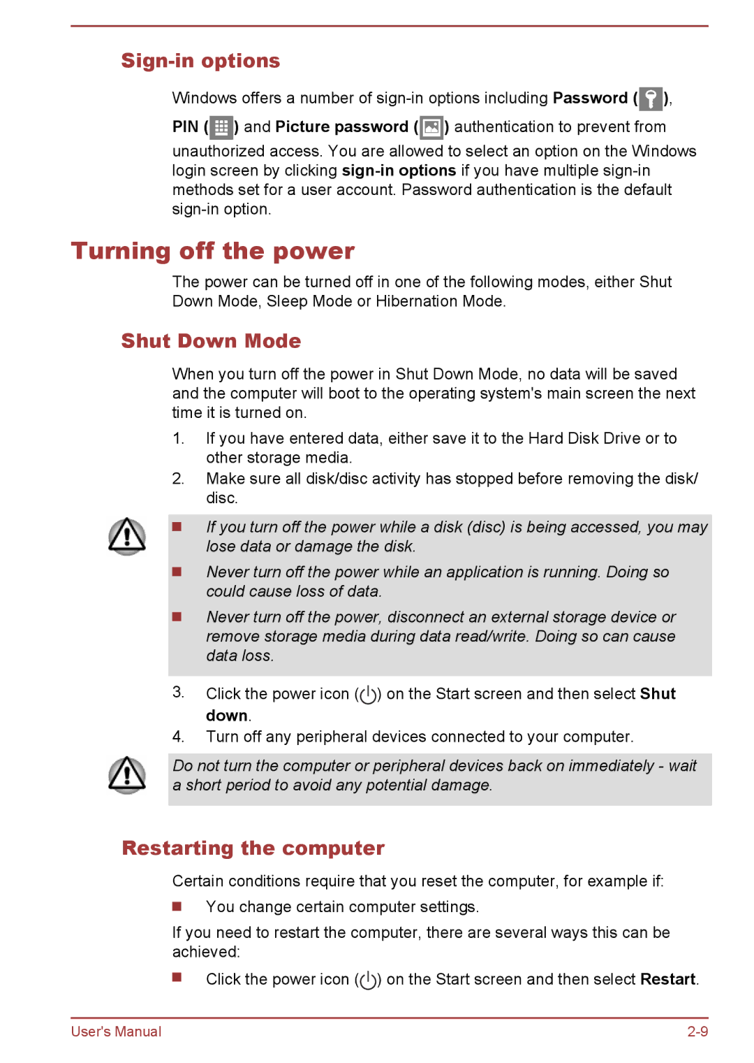 Toshiba L50D-B, L50-B, L50t-B, L50Dt-B manual Turning off the power, Sign-in options, Shut Down Mode, Restarting the computer 