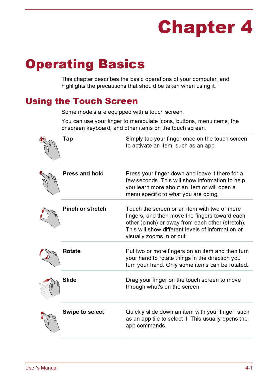 Toshiba L50D-B, L50-B, L50t-B, L50Dt-B manual Using the Touch Screen 