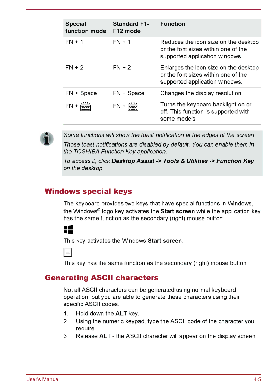 Toshiba L50D-B, L50-B, L50t-B, L50Dt-B manual Windows special keys, Generating Ascii characters 