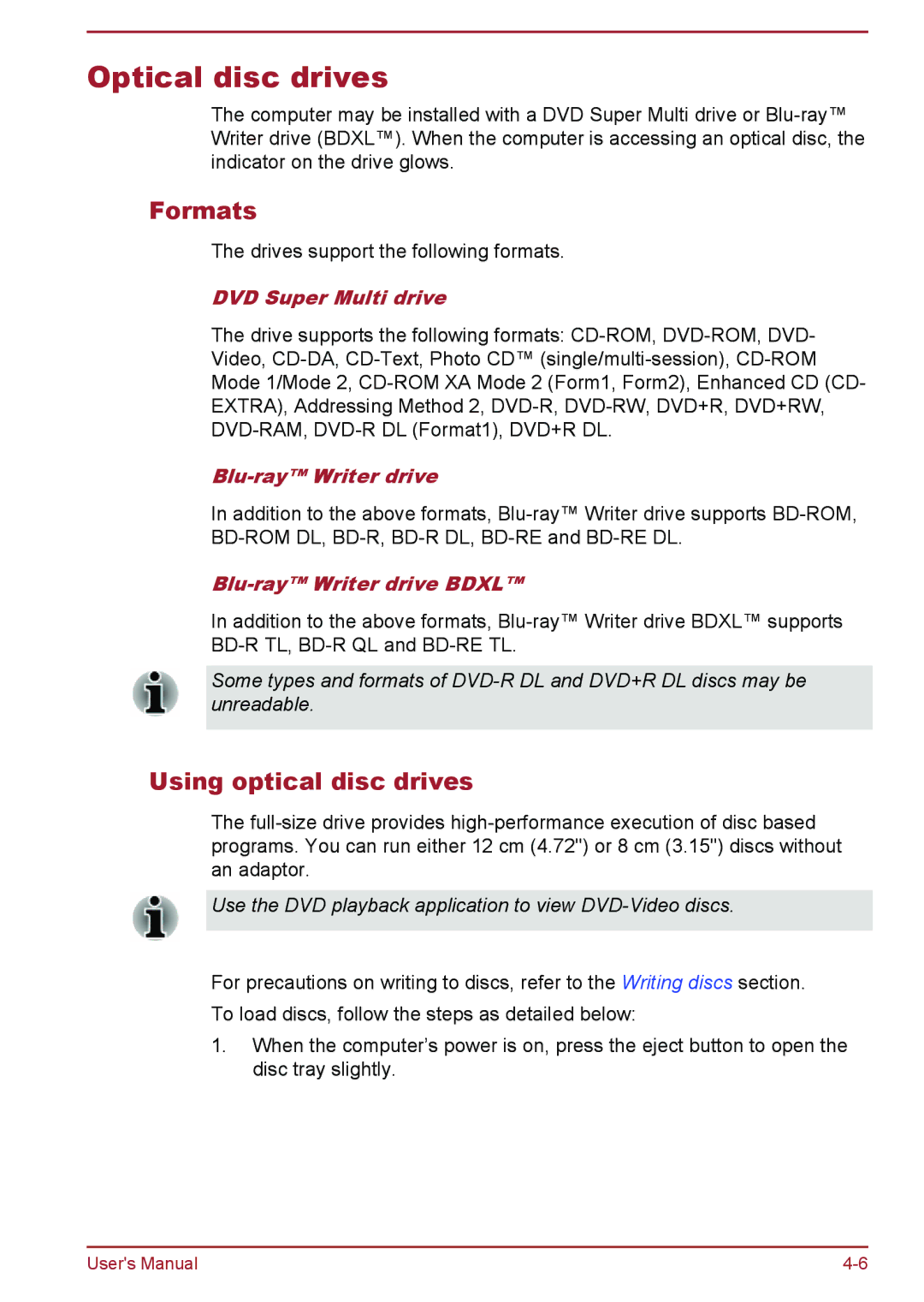 Toshiba L50-B, L50t-B, L50Dt-B, L50D-B manual Optical disc drives, Formats, Using optical disc drives 