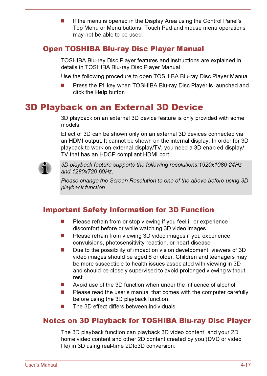 Toshiba L50D-B, L50-B, L50t-B, L50Dt-B manual 3D Playback on an External 3D Device, Open Toshiba Blu-ray Disc Player Manual 