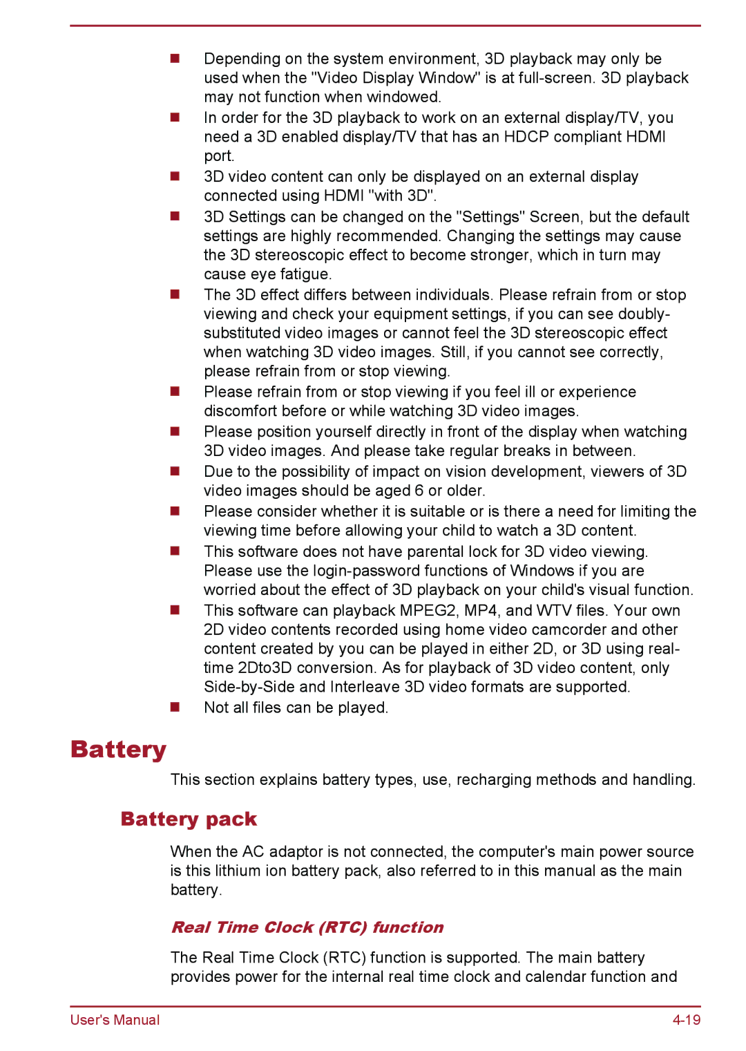 Toshiba L50t-B, L50-B, L50Dt-B, L50D-B manual Battery pack, Real Time Clock RTC function 