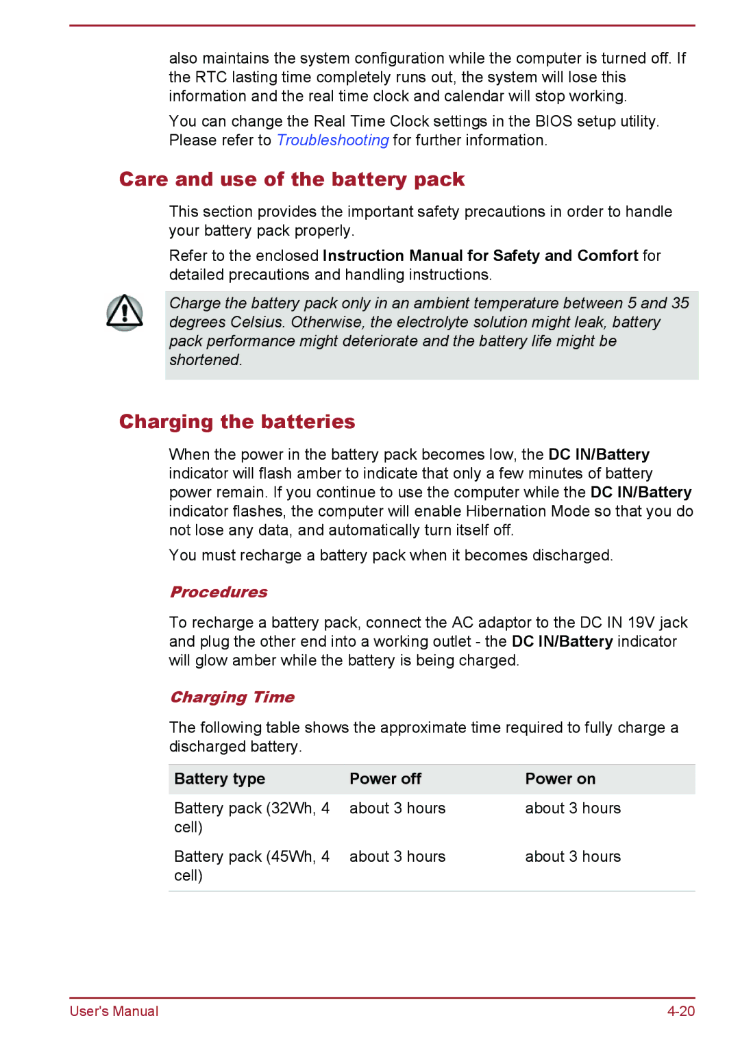 Toshiba L50Dt-B, L50-B, L50t-B, L50D-B Care and use of the battery pack, Charging the batteries, Procedures, Charging Time 