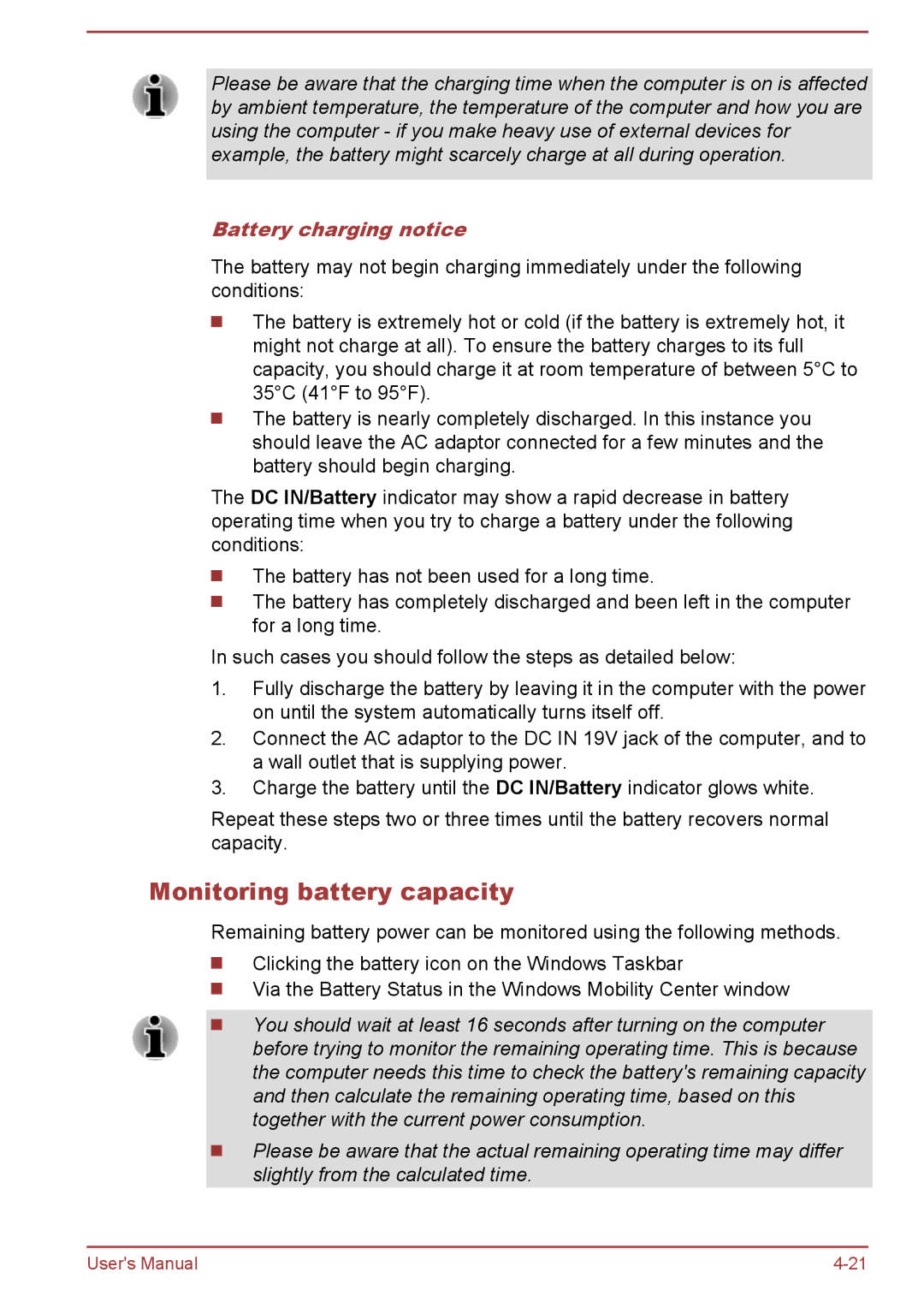 Toshiba L50D-B, L50-B, L50t-B, L50Dt-B manual Monitoring battery capacity, Battery charging notice 