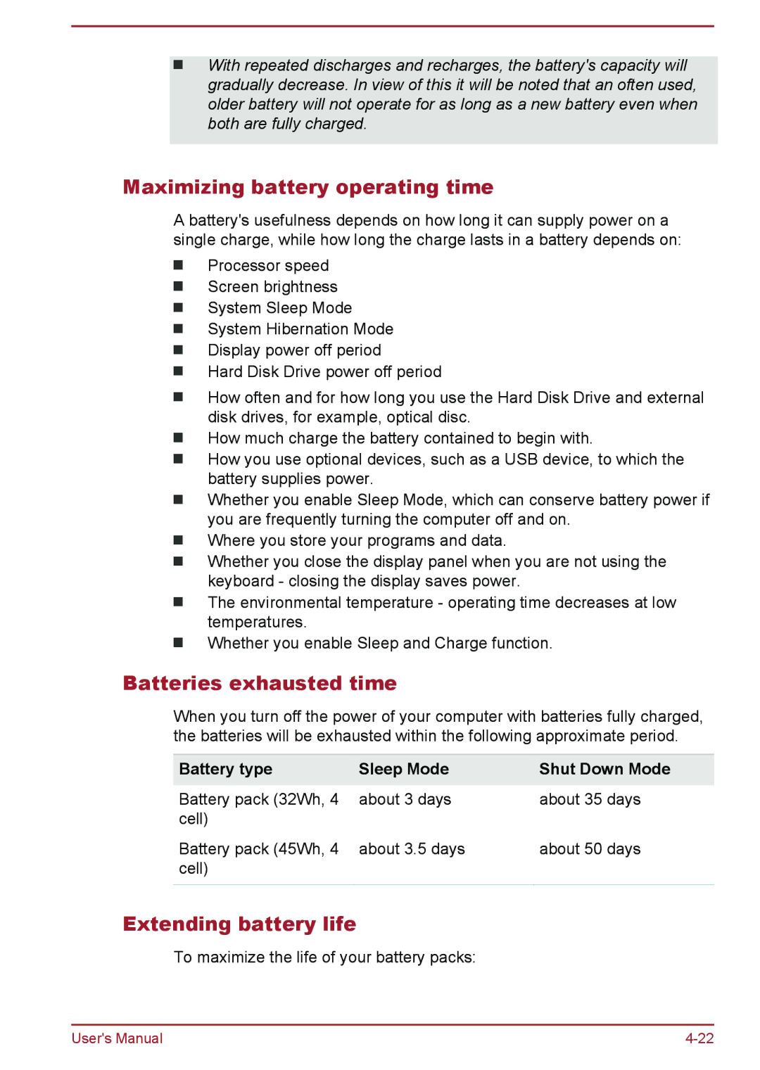 Toshiba L50-B, L50t-B, L50Dt-B, L50D-B Maximizing battery operating time, Batteries exhausted time, Extending battery life 