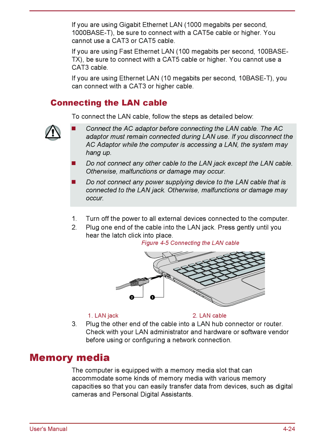 Toshiba L50Dt-B, L50-B, L50t-B, L50D-B manual Memory media, Connecting the LAN cable 