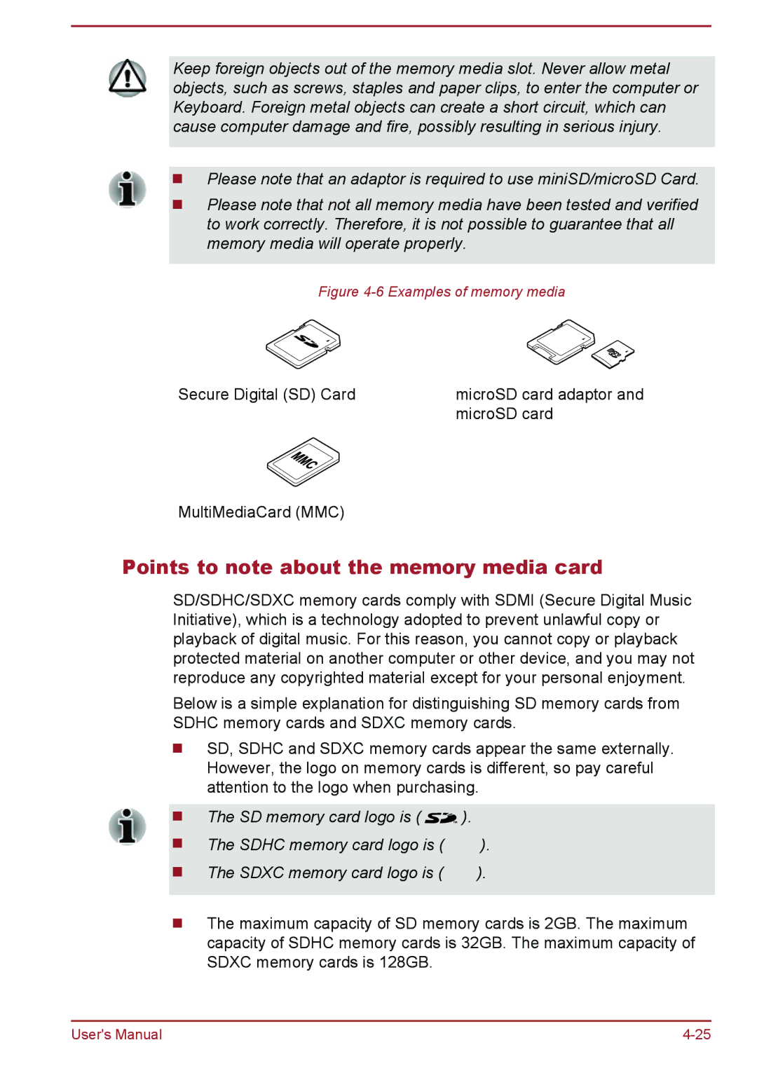 Toshiba L50D-B, L50-B, L50t-B, L50Dt-B manual Points to note about the memory media card, Examples of memory media 