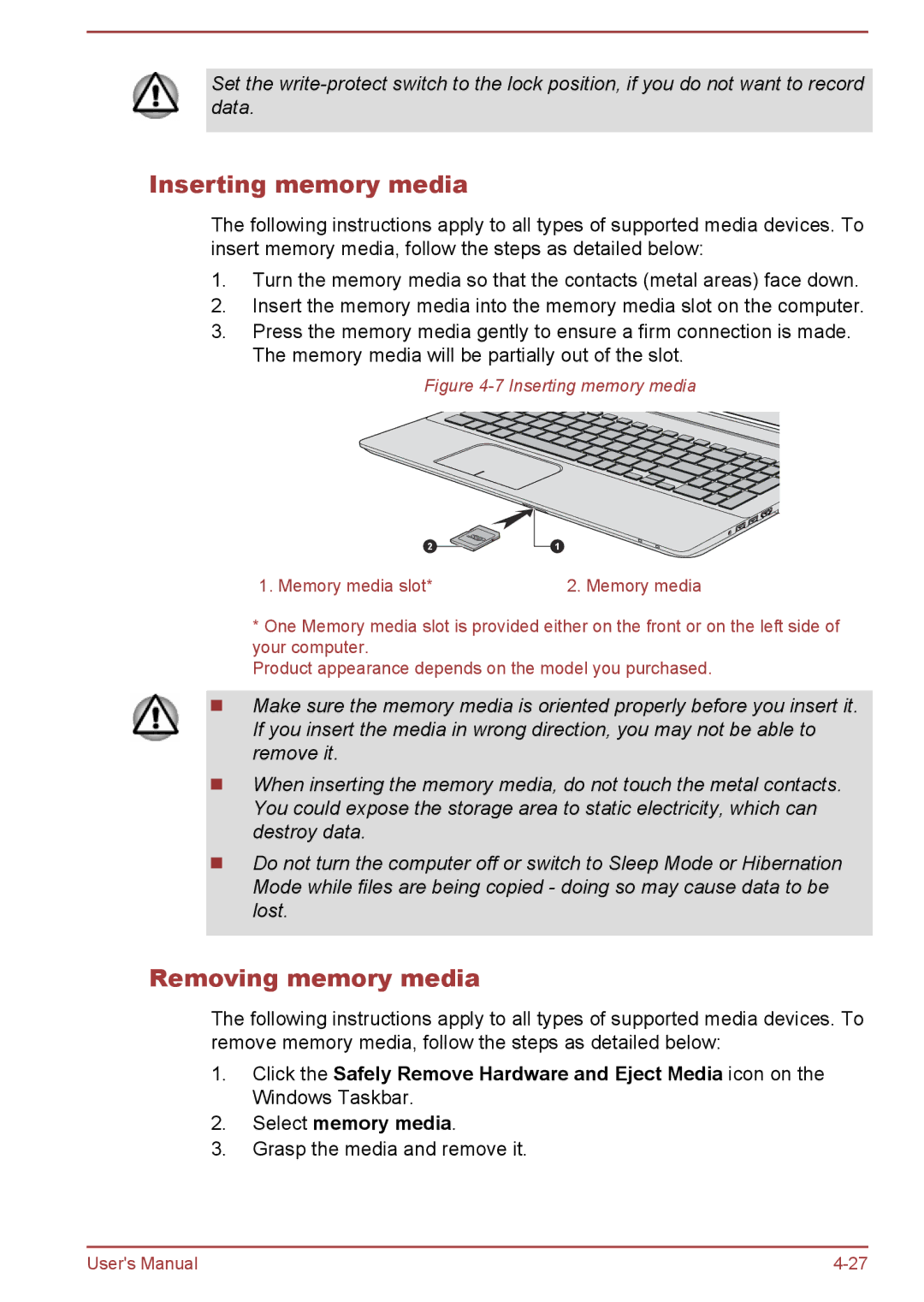 Toshiba L50t-B, L50-B, L50Dt-B, L50D-B manual Inserting memory media, Removing memory media 