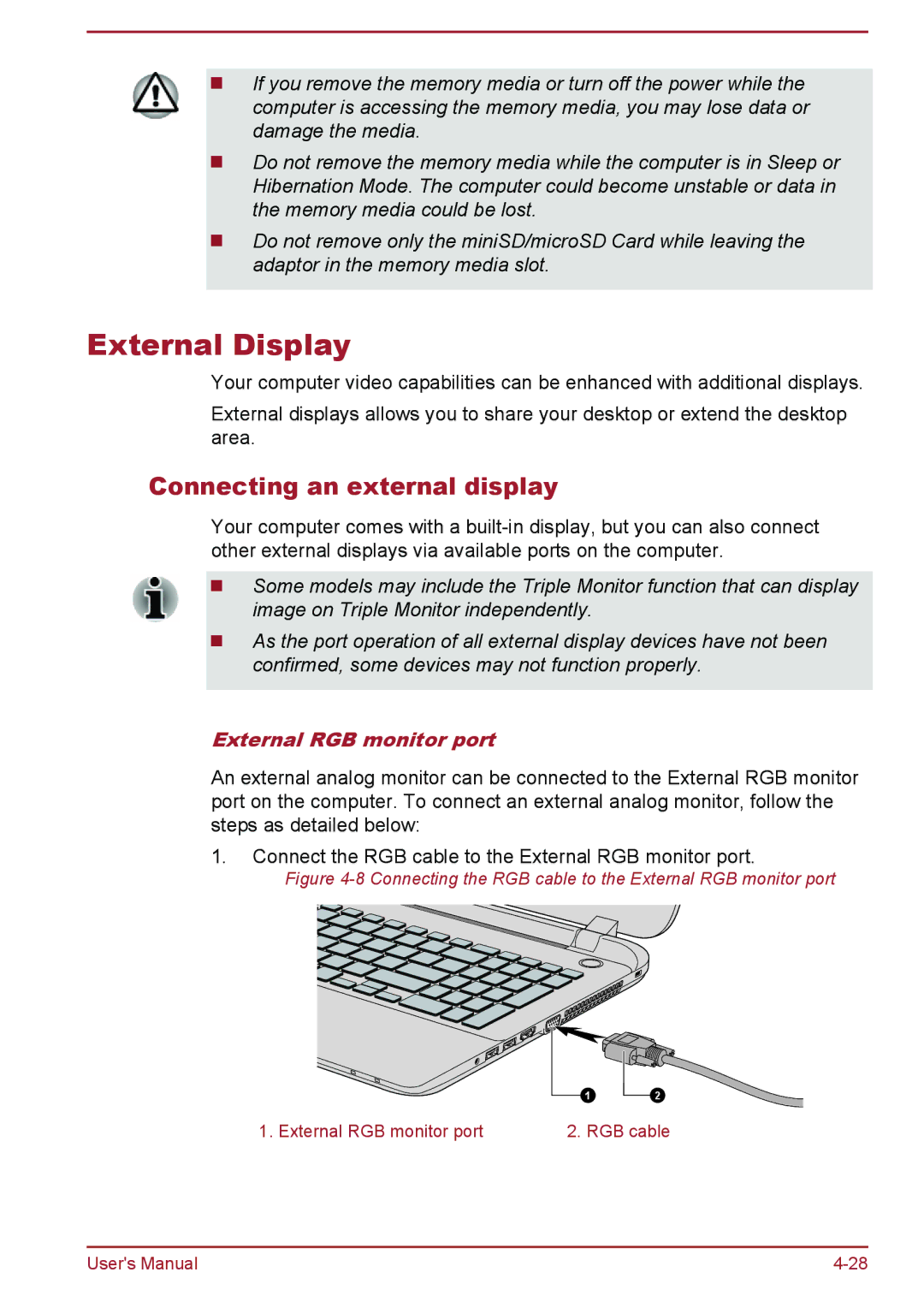 Toshiba L50Dt-B, L50-B, L50t-B, L50D-B manual External Display, Connecting an external display, External RGB monitor port 