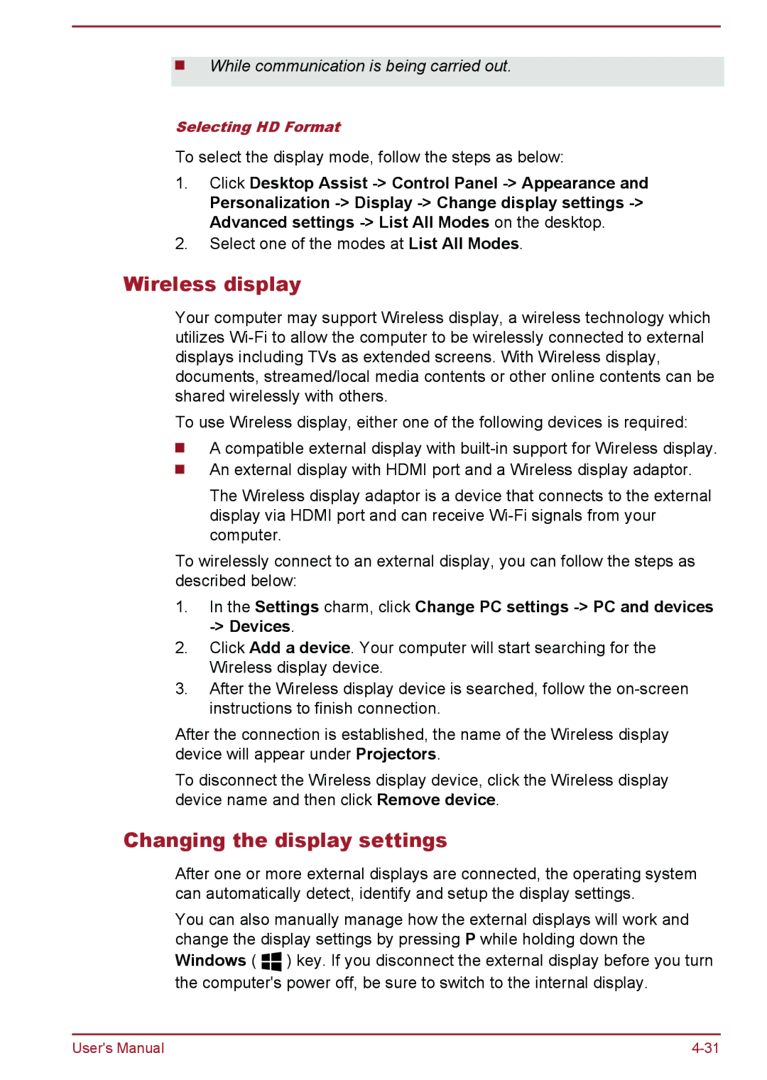 Toshiba L50t-B, L50-B, L50Dt-B, L50D-B manual Wireless display, Changing the display settings 