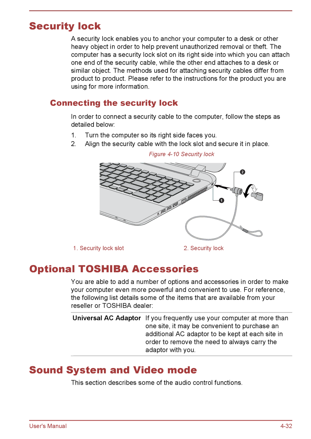 Toshiba L50Dt-B Security lock, Optional Toshiba Accessories, Sound System and Video mode, Connecting the security lock 