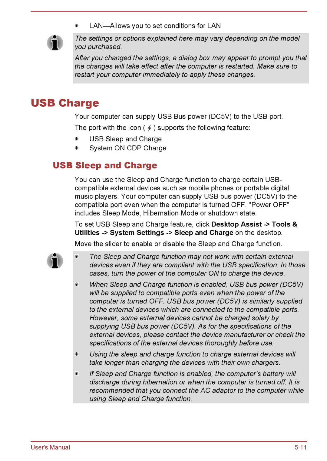 Toshiba L50D-B, L50-B, L50t-B, L50Dt-B manual USB Charge, USB Sleep and Charge 