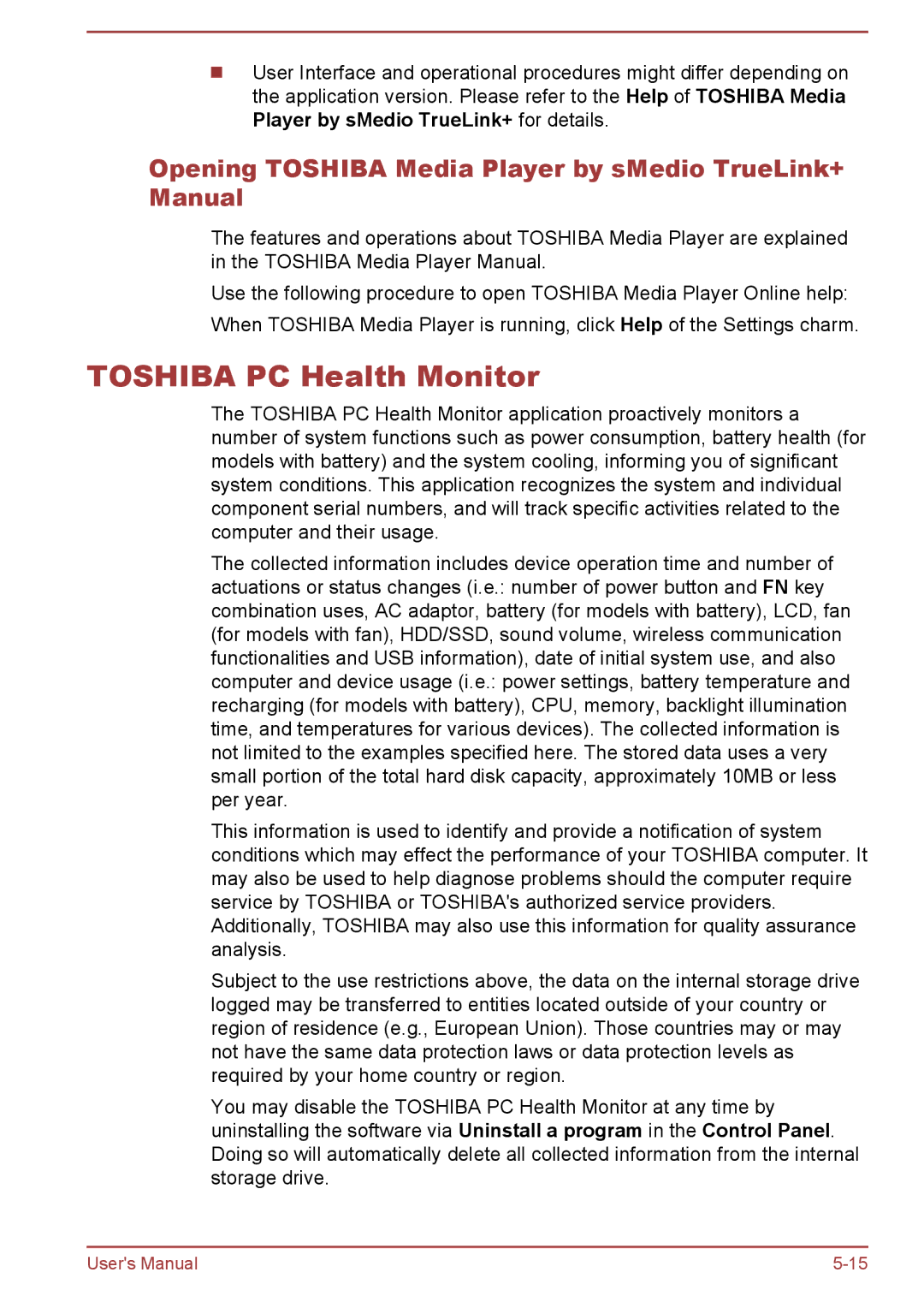 Toshiba L50D-B, L50-B, L50t-B, L50Dt-B Toshiba PC Health Monitor, Opening Toshiba Media Player by sMedio TrueLink+ Manual 