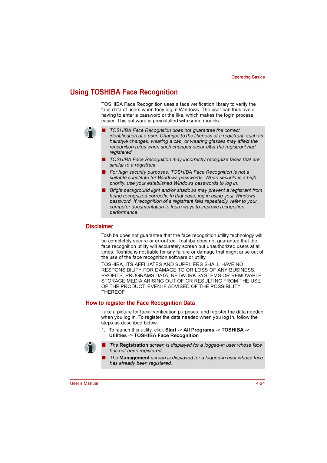 Toshiba L500D user manual Using Toshiba Face Recognition, How to register the Face Recognition Data 