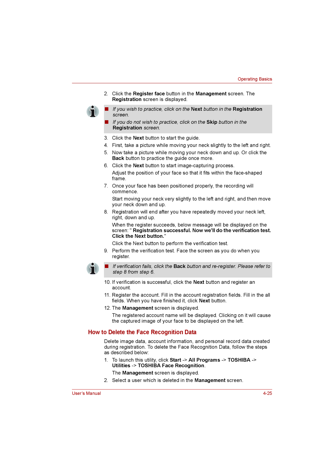 Toshiba L500D user manual How to Delete the Face Recognition Data 