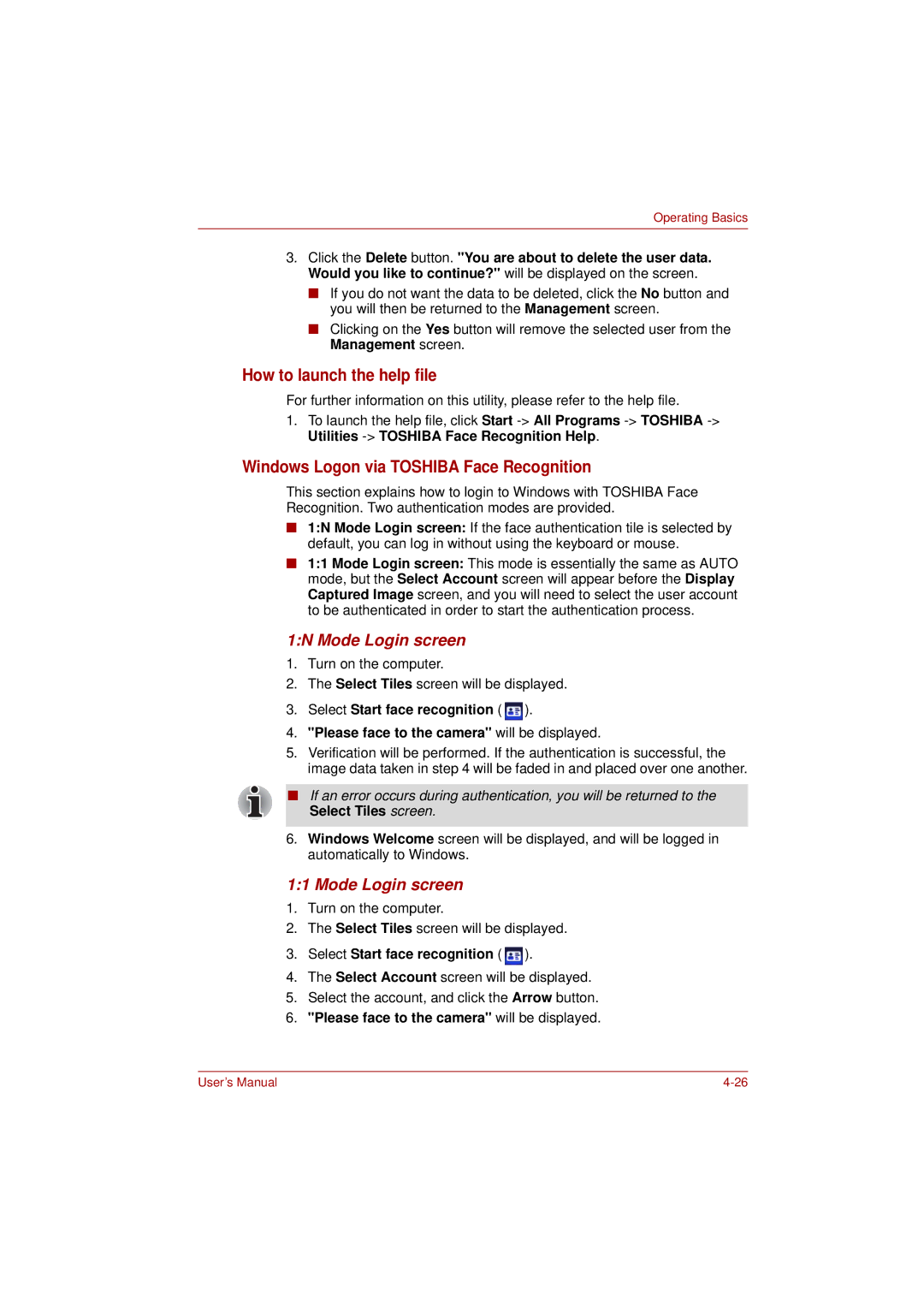 Toshiba L500D user manual How to launch the help file, Windows Logon via Toshiba Face Recognition, 1N Mode Login screen 