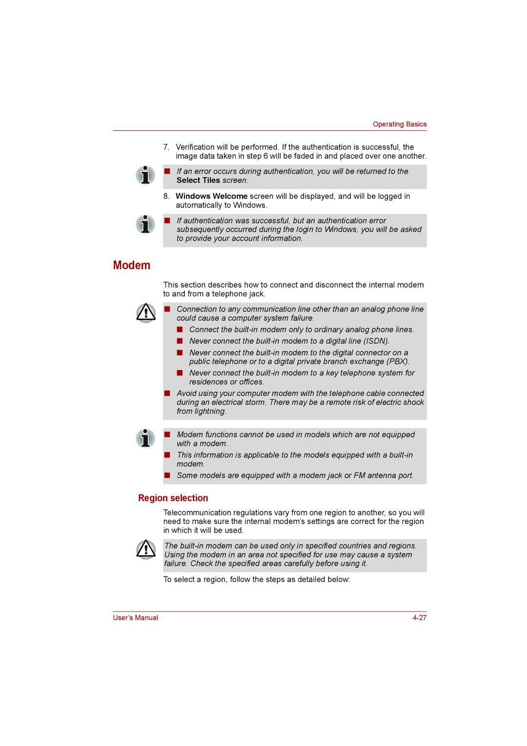 Toshiba L500D user manual Modem, To select a region, follow the steps as detailed below 